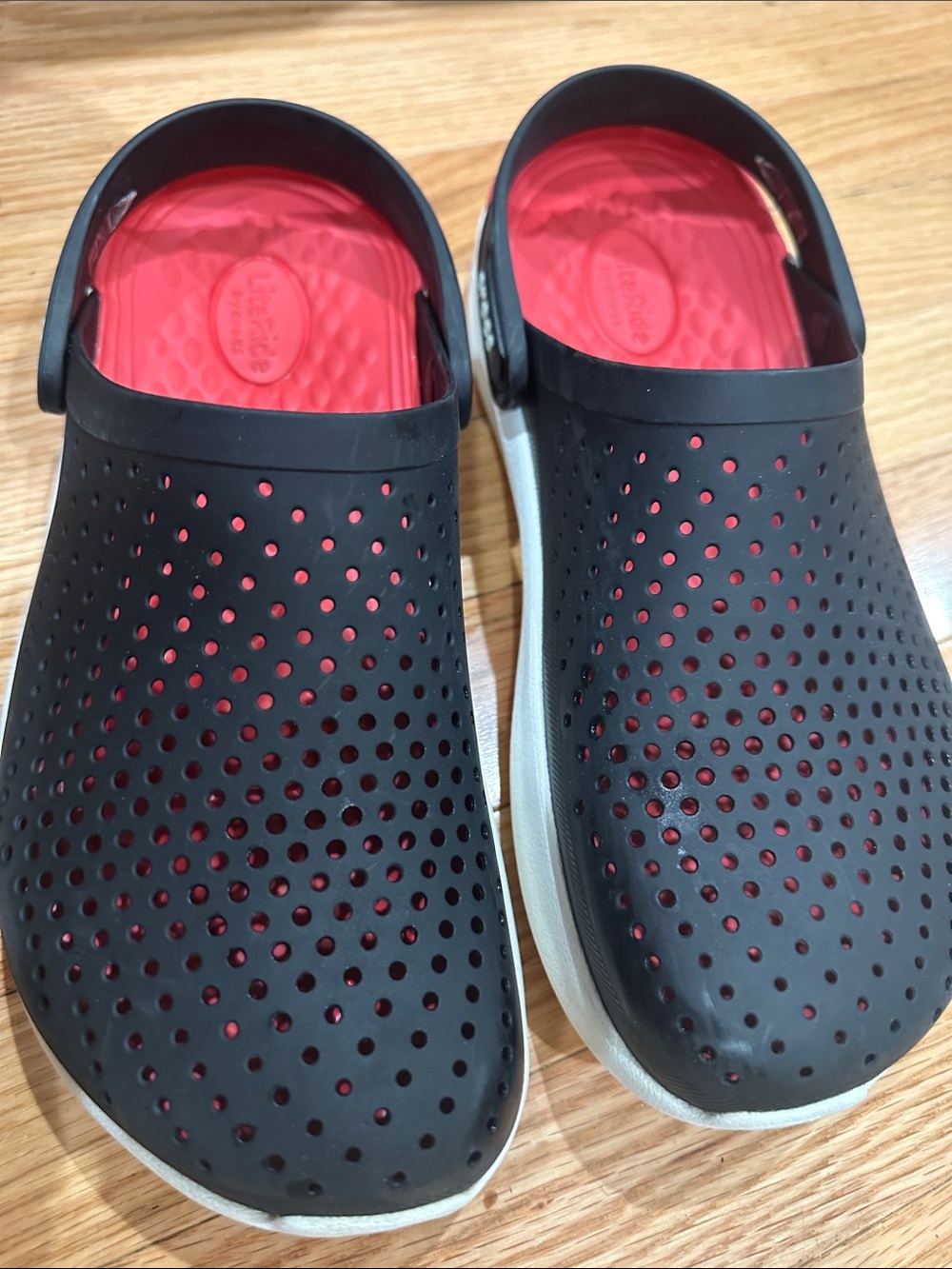 CROCS LiteRide Black Perforated Clog with Red Footbed and White Midsole